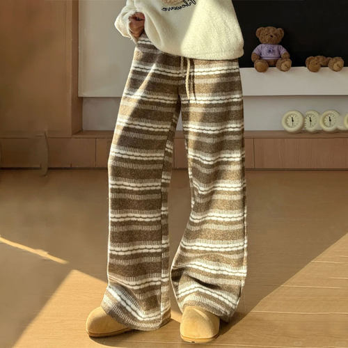 定制卡其色费尔岛大码阔腿裤女