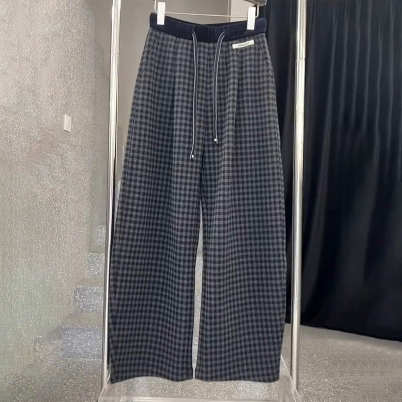 蓝色格子大码毛呢细方格抽绳裤女