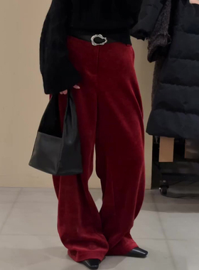 欧货高端定制深红色毛呢大码阔腿裤女2026早春新款慵懒风弯刀裤子