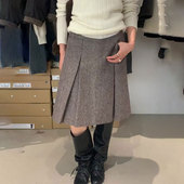 新款 欧货高端定制咖色压褶大码 半身裙女2025冬季 加厚气质A字裙子