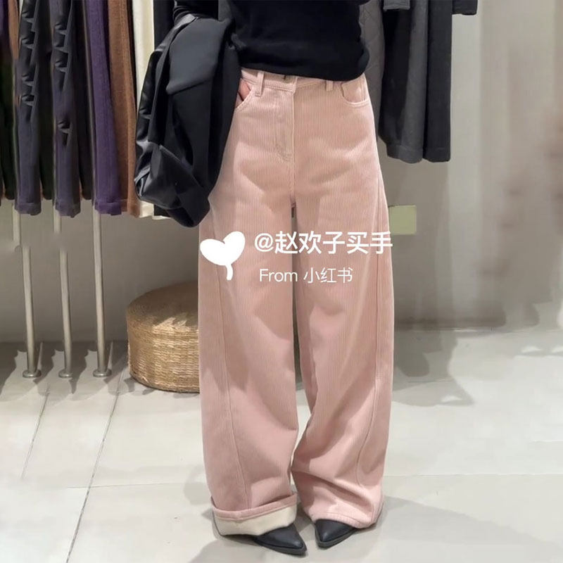 欧货高端定制粉色灯芯绒大码阔腿裤女2025冬季新款加厚松弛休闲裤,女装/女士精品,大码裤装,淘宝优惠券,粉丝福利购,淘宝优惠卷