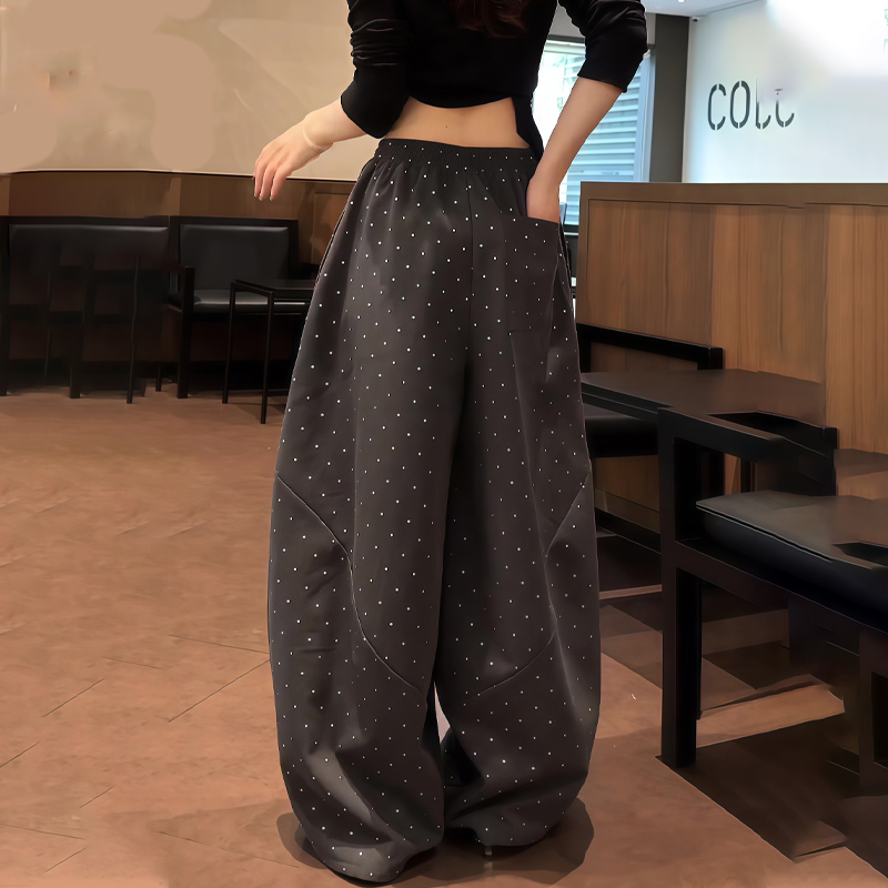 高端定制深灰色波点阔腿休闲西裤