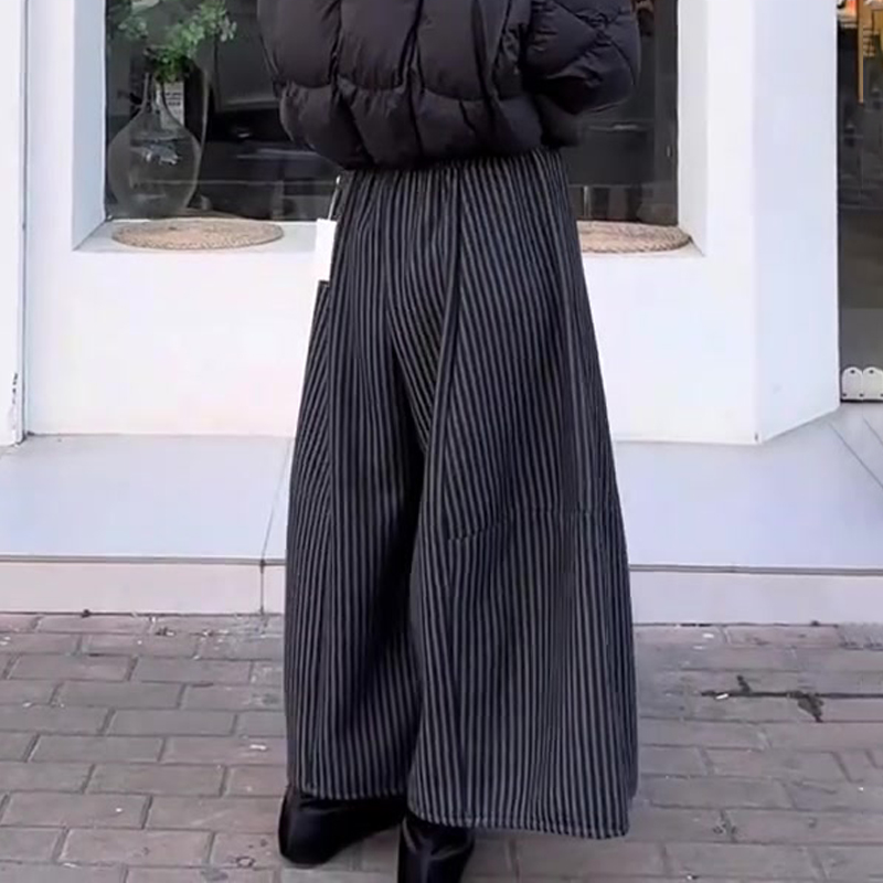 高端定制深灰色条纹大码阔腿裤女