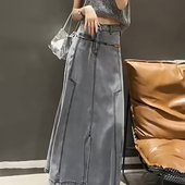 韩版 烟灰色高腰工装 风开叉半身裙女2025年春夏新款 通勤牛仔A字裙