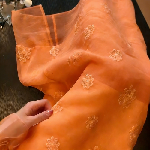 新中式暖橙色大码立体花半身裙女