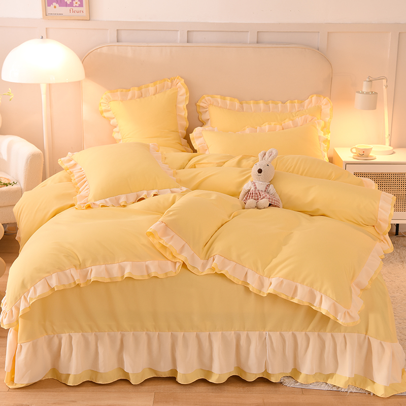 网红款水洗棉床上用品四件套简约亮黄床单式公主风裸睡少女心被套