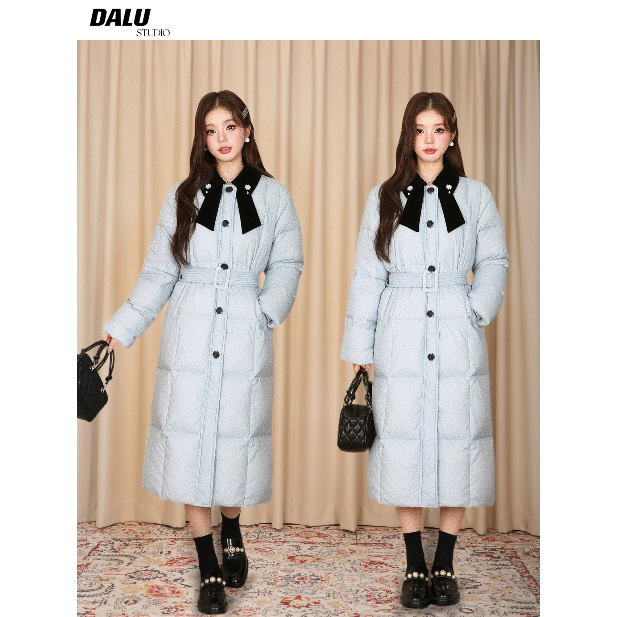 DALU 长短款可选丝绒撞色领口钉珠设计冰蓝色白鸭绒羽绒服外套,女装/女士精品,棉衣/棉服,淘宝优惠券,粉丝福利购,淘宝优惠卷