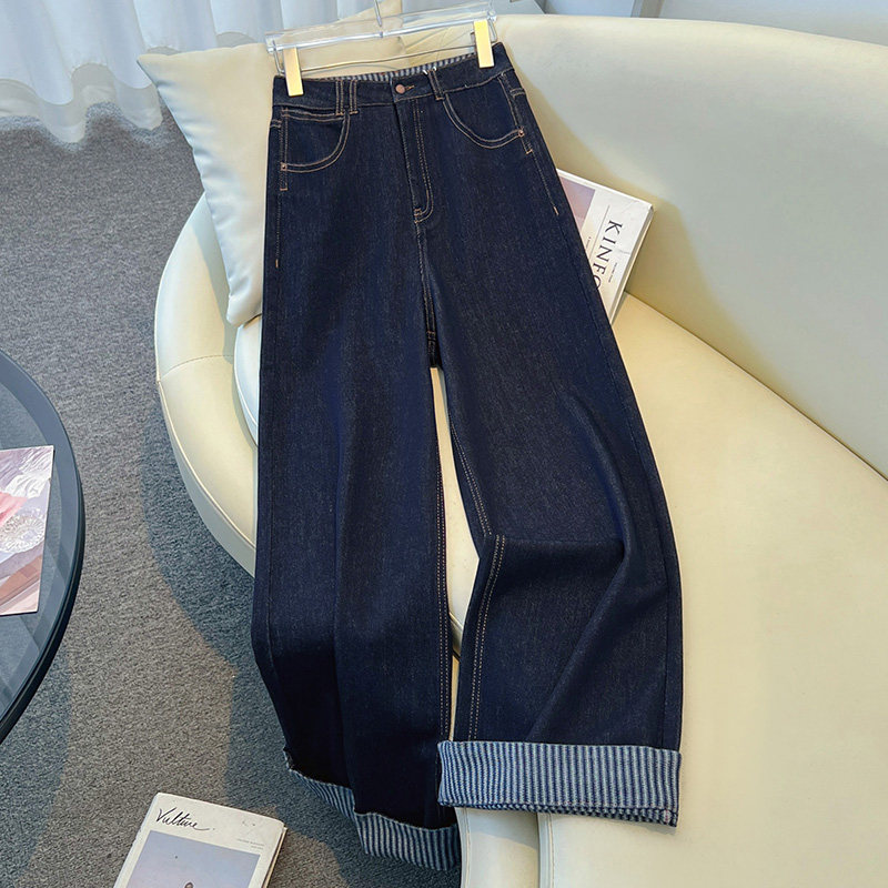 翻边条纹直筒牛仔裤女秋季2025新款梨型身材卷边拖地丹宁蓝阔腿裤