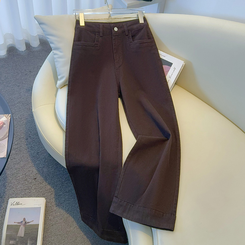 咖色牛仔阔腿裤女2025春秋新款棕色小个子今年流行九分直筒长裤子