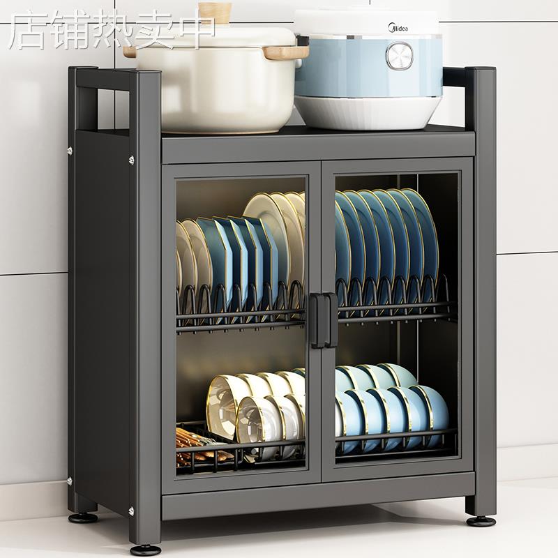 厨房置物架台面玻璃双开门放碗碟盘筷子收纳沥水架多功能防尘碗柜
