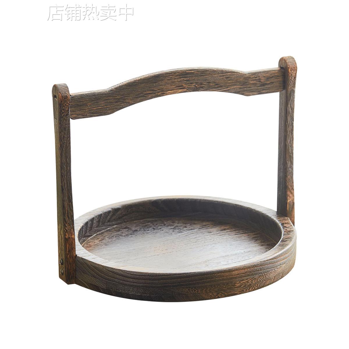 xyt实木复古手提茶道零配提篮中式食盒酒店民宿家用圆托盘水果提