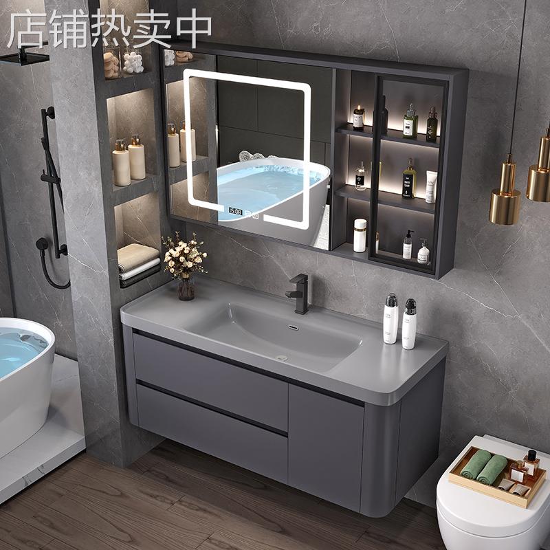 网红肤感绮美石一体盆智能镜浴室柜卫生间洗漱台洗手洗脸盆柜组合