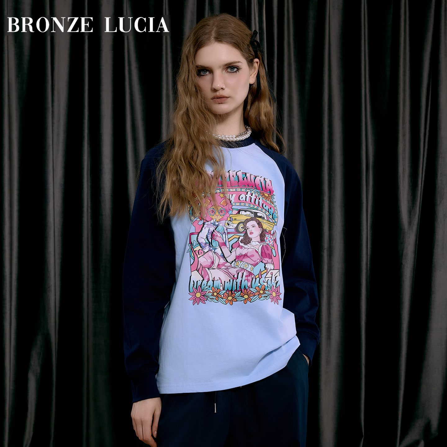 Bronze Lucia撞色千禧童话插肩袖印花长袖T恤女秋冬原创设计上衣