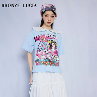Bronze Lucia蓝色迷彩女孩娃娃领T恤短袖原创设计师上衣学院少女