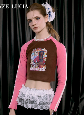 Bronze Lucia短款撞色黑皮辣妹长袖露脐T恤原创设计感辣妹早秋