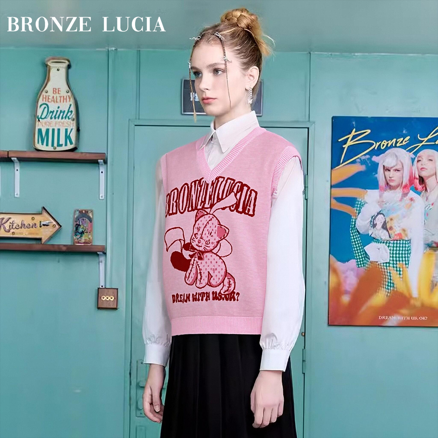 Bronze Lucia粉色布偶猫针织背心原创设计秋冬新款保暖针织衫毛衣