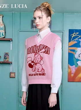 Bronze Lucia粉色布偶猫针织背心原创设计秋冬新款保暖针织衫毛衣