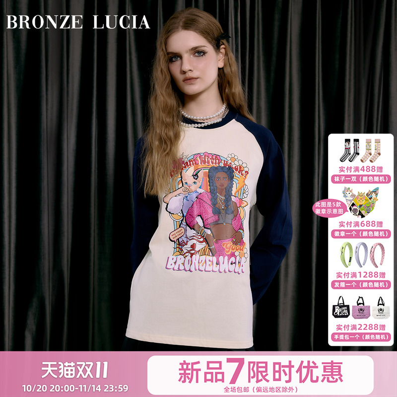 Bronze Lucia撞色千禧童话插肩袖印花长袖T恤女秋冬原创设计上衣