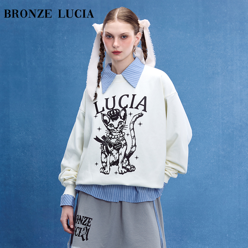 Bronze Lucia线稿皇冠猫圆领卫衣24新款潮牌男纯棉套头衫男女同款