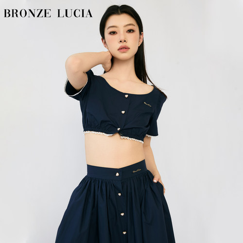 Bronze Lucia原创设计藏青修身漏脐套装衬衫上衣+半裙两件套套装