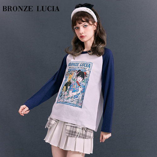 Bronze Lucia蓝白东方少女插肩袖T恤2024新款设计个性可爱宽松