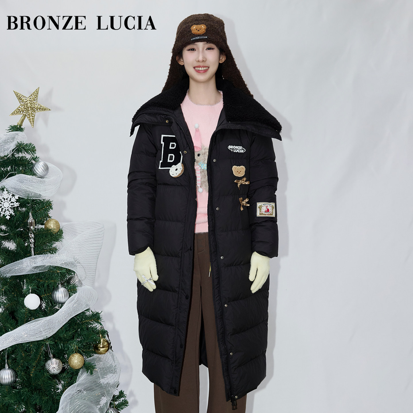 Bronze Lucia黑糖熊仔绒领丫丫长款羽绒服外套原创设计冬季保暖女