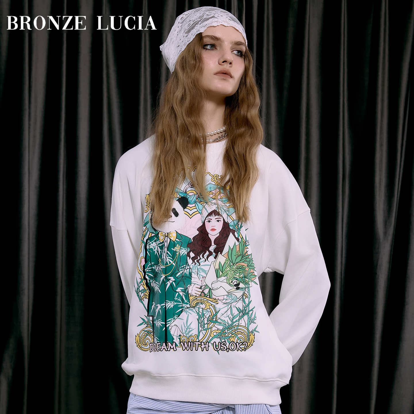 Bronze Lucia蓝色千禧女孩印花圆领卫衣长袖早秋学院气质少女风