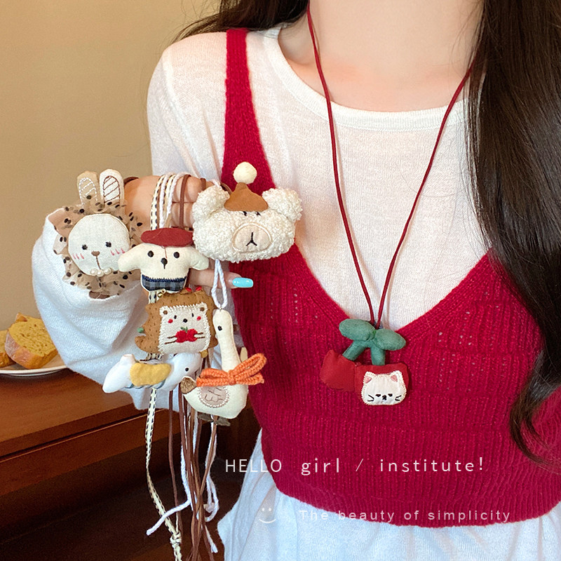 慵懒卡通毛绒小狗小熊项链凹造型可爱女生卫衣配饰个性长款毛衣链