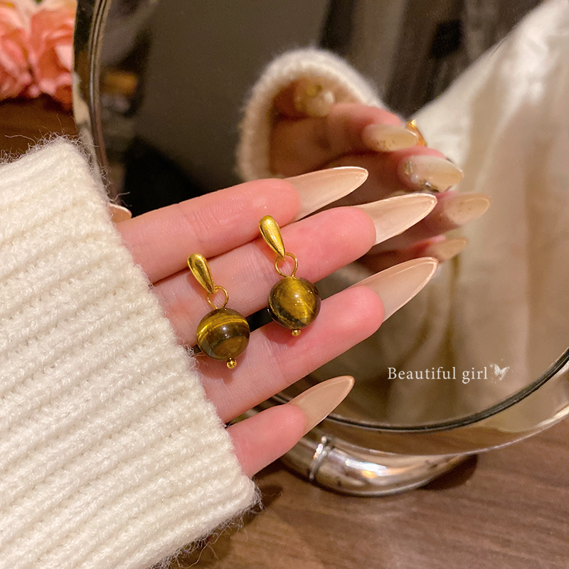 美拉德虎眼石圆球耳钉女2025新款