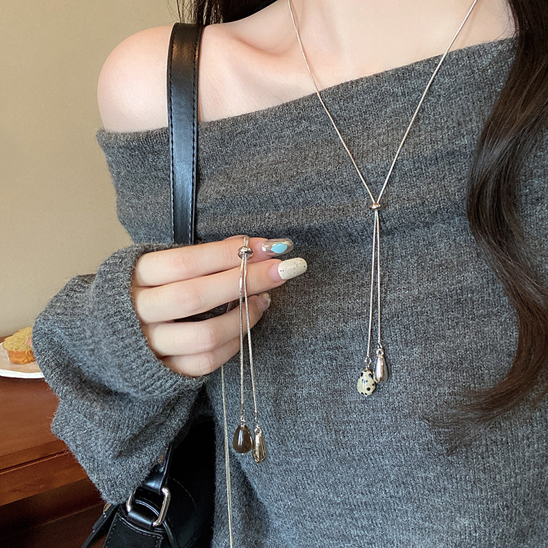 虎眼石抽拉水滴项链女轻奢小众设计感长款毛衣链配饰品高级卫衣链