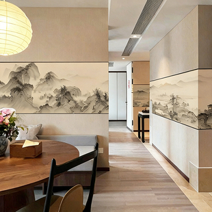 新中式水墨山水墙纸国风上水长卷壁布宋氏美学客厅餐厅墙布壁画