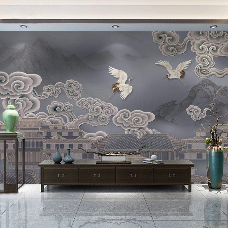 中式复古国画松鹤图壁纸创意客厅卧室背景墙墙纸定制壁画沙发墙布