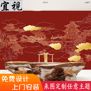 新中式故宫红墙纸古典琼楼玉宇阁楼建筑墙布餐厅火锅店背景墙壁画