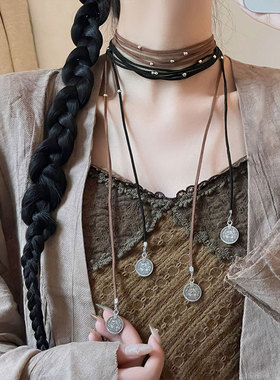 波西米亚银珠钱币圆牌吊坠项链女多层长款麂皮绳毛衣链choker颈链