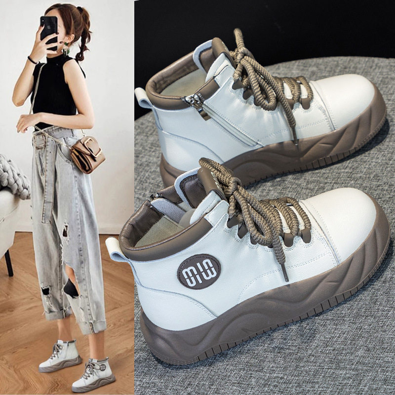 网红爆款真皮高帮鞋女2025新款百搭松糕厚底内运动休闲女鞋子