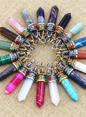 新款爆款亚马逊速卖通热卖天然石半宝石古金古银皇冠头六角柱吊坠