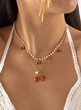 欧美跨境度假项链套装滴油草莓樱桃花朵不锈钢项链仿珍珠水晶项链