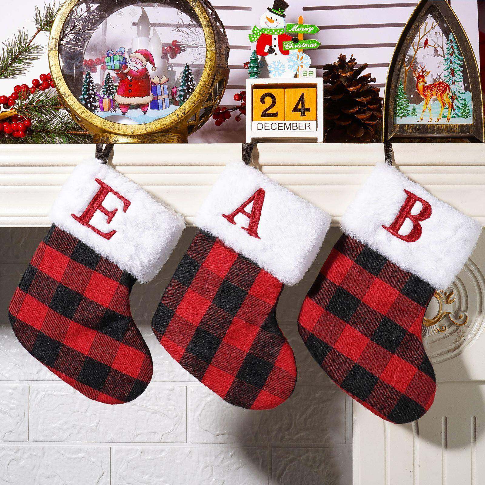 跨境新款圣诞节袜子礼物袋红黑格字母刺绣小袜子挂件糖果袋装饰品,节庆用品/礼品,圣诞礼品,淘宝优惠券,粉丝福利购,淘宝优惠卷