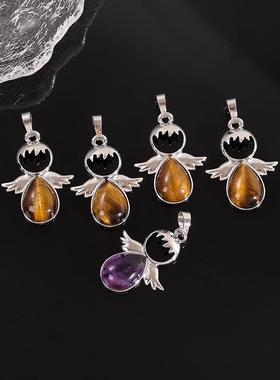 天然石纯铜水晶天使吊坠欧美风小天使项链水晶原石diy饰品挂件跨