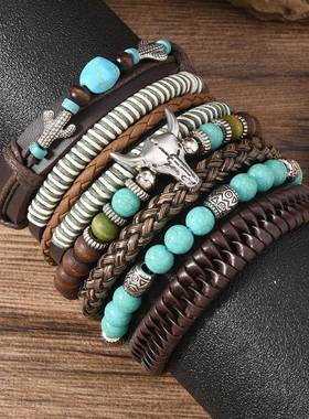 TEMU希音欧美复古牛头仙人掌串珠手链木珠多层皮革6件套男士手环
