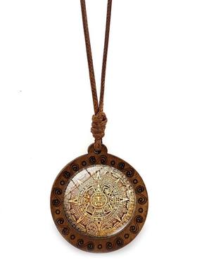 阿兹特克历法石图案木质吊坠项链女饰品玛雅日历复古毛衣链