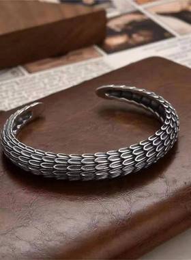 龙和个性龙鳞纹手镯男士潮流时尚复古中国风泰银逆鳞手环工厂