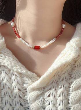 新年氛围感天然红玛瑙珍珠手链精致文艺范项链女品质生活穿搭饰品
