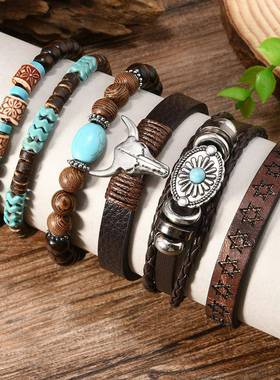 TEMU跨境新品欧美牛头复古皮革编织手工串珠木珠松石6件套装