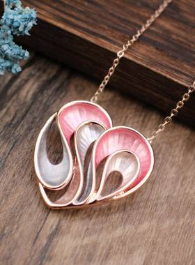 跨境新款彩色涂层镂空爱心吊坠小清新女士简约几何线条心形项链