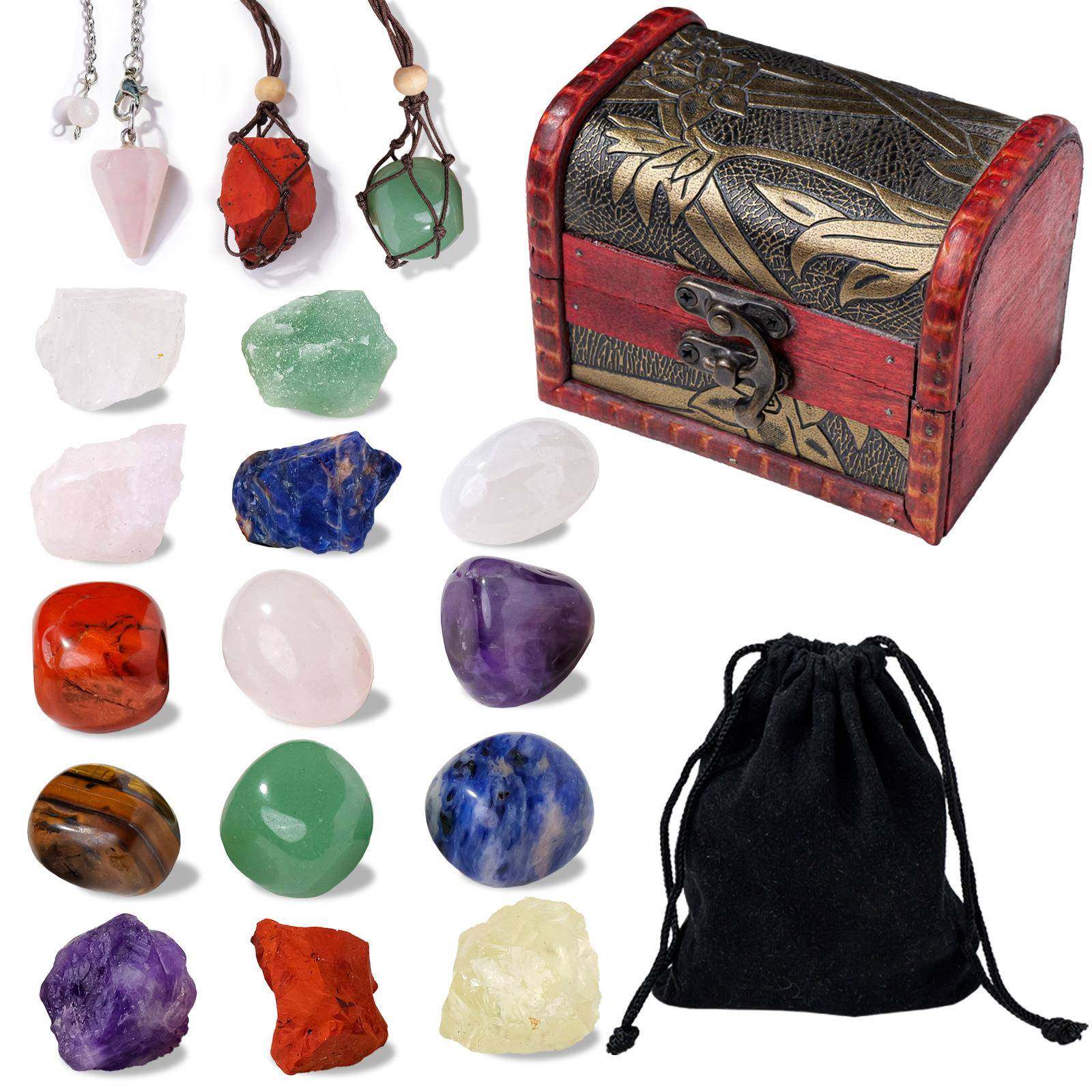 跨境亚马逊天然七彩水晶原石瑜伽石复古木质收纳盒首饰盒礼物摆件,饰品/流行首饰/时尚饰品新,摆件,淘宝优惠券,粉丝福利购,淘宝优惠卷