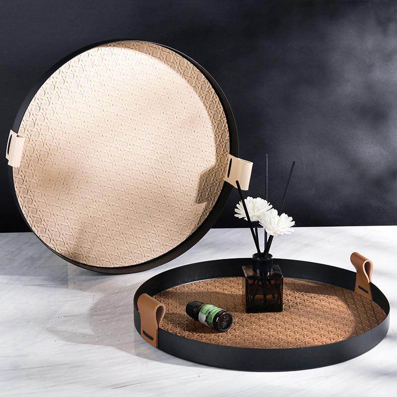 北欧轻奢编织纹皮革圆形托盘样板房客厅茶几香薰收纳盘装饰品摆盘,家居饰品,装饰摆件,淘宝优惠券,粉丝福利购,淘宝优惠卷