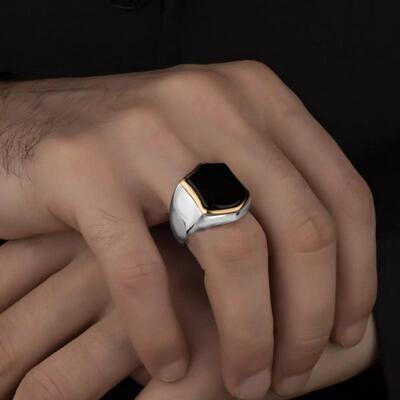 现货Etsy跨境新款饰品六面黑油戒指时尚潮流电镀双色订婚戒指