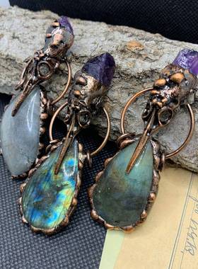 跨境复古风天然拉长石乌鸦头骷髅不定形古铜欧美毛衣链吊坠项链