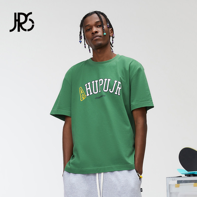 jrs 虎扑hupu jr复古字母短袖圆领t恤 标语印花宽松潮牌夏季上衣